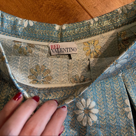RED VALENTINO Daisy Lurex Jacquard Pleated Mini A-Line Skirt in Blue and Gold - Picture 11 of 11